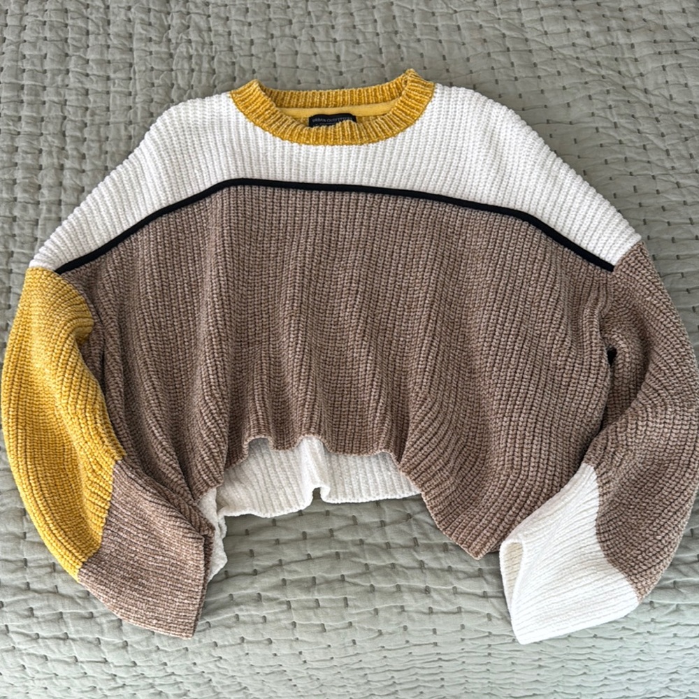 Colorblock Knit Sweater - White, Brown, Yellow